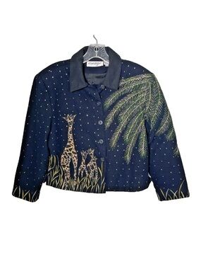 ANAGE Giraffe Safari Embroidered Blazer Size Sm. Black Metallic VTG Art to Wear